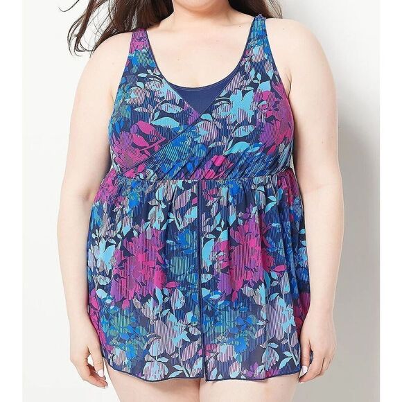01 Denim & Co. Beach V-Neck Surplice Layered Swim Dress NAVY FLORAL sz 12 - Picture 1 of 1
